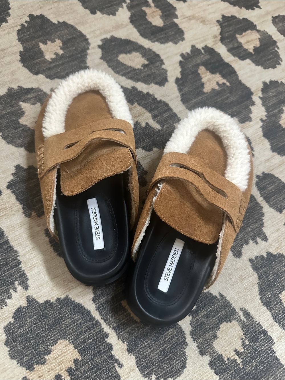 Steve Madden Tan Suede Shearling-Trim Slip-On Loafers